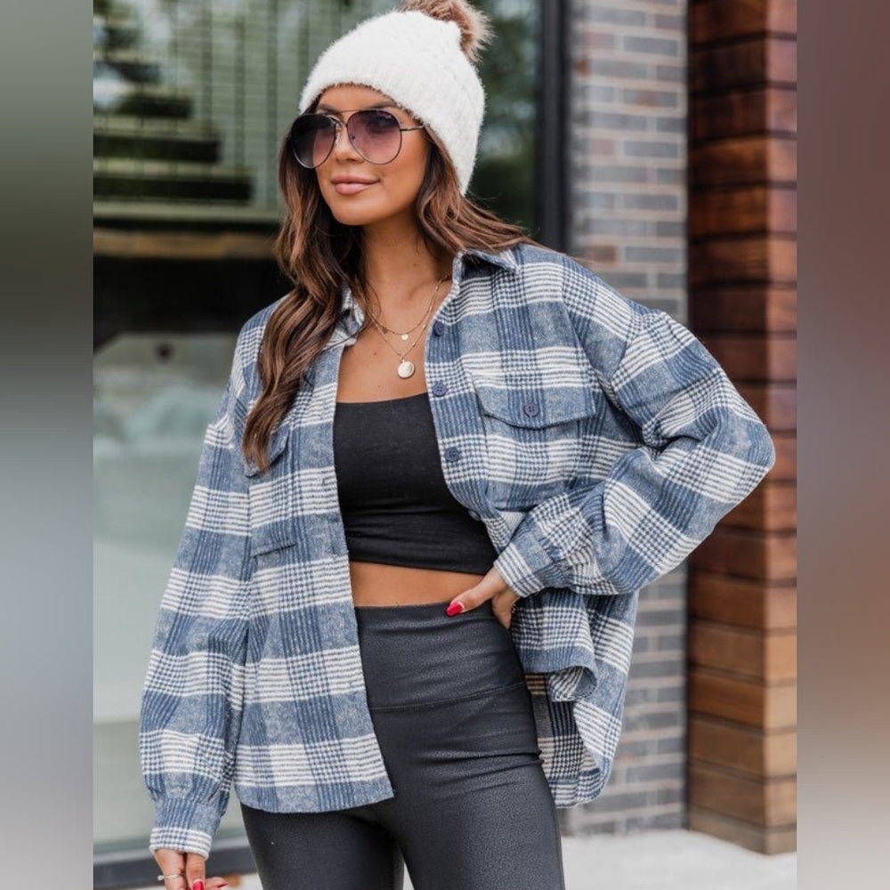 NWOT Pink Lily Blue Plaid Shacket